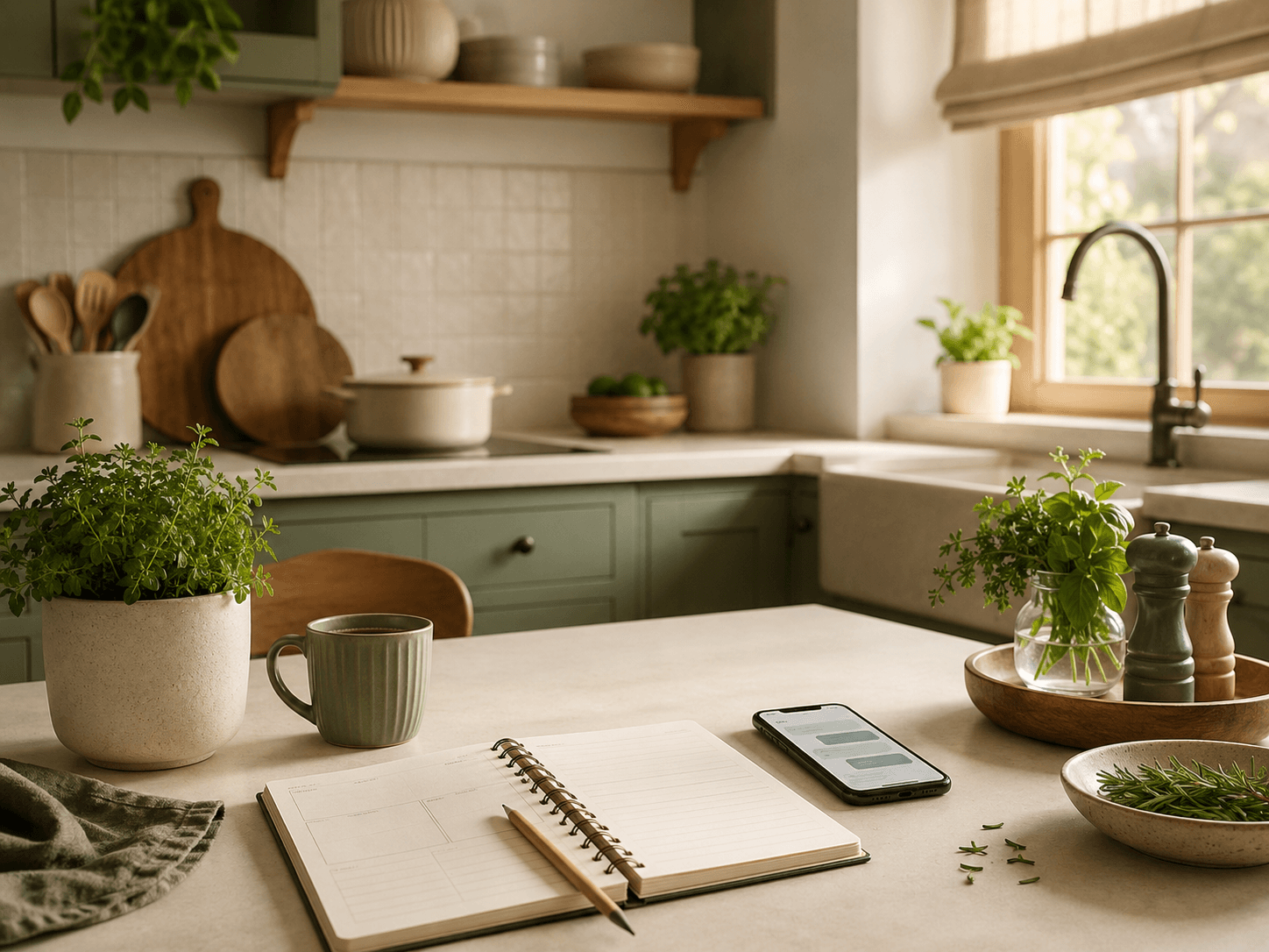 An illustrative kitchen planning desk with notebook, phone and herbs