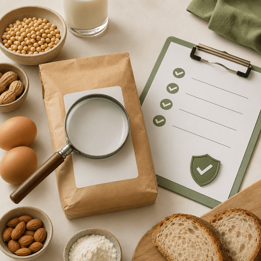 An illustrative label-checking reminder with a magnifier and checklist