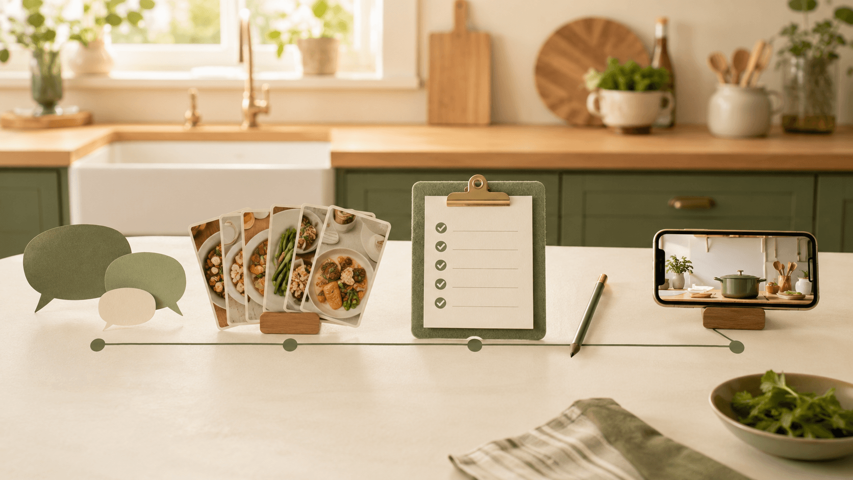 Five visual stages linking a household brief, weekly plan, shopping list, adjustment and prep film